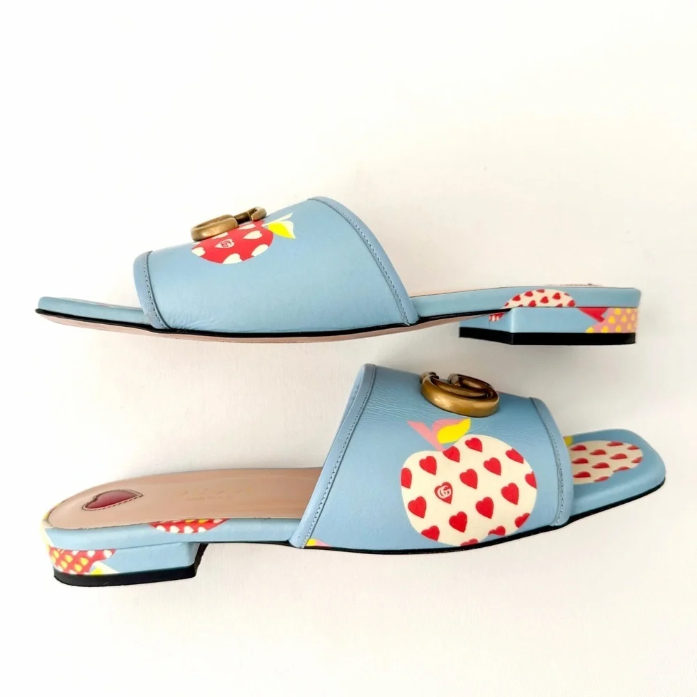 GUCCI || Blue Apple Print GG Marmont Slide Sandals Flats EU 37